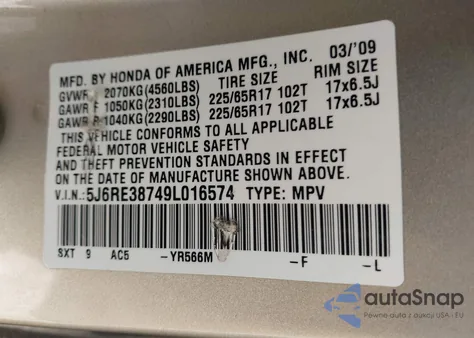 2009 Honda Cr-V Ex-L из США, поврежденный, VIN 5J6RE38749L016574